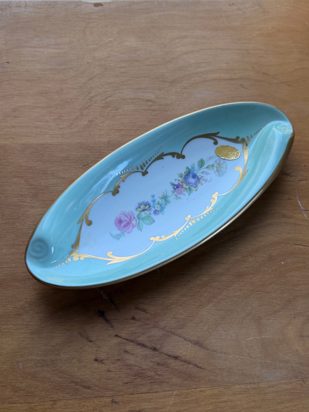 Porcelain Floral Trinket Dish in Aqua with Gold Trim